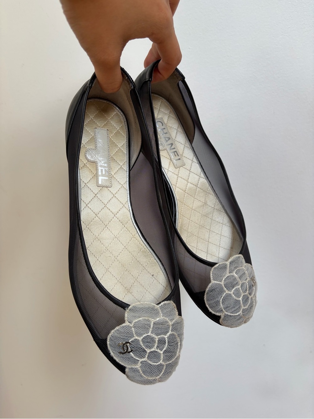 CHANEL Black Mesh Camellia Appliqué Flats